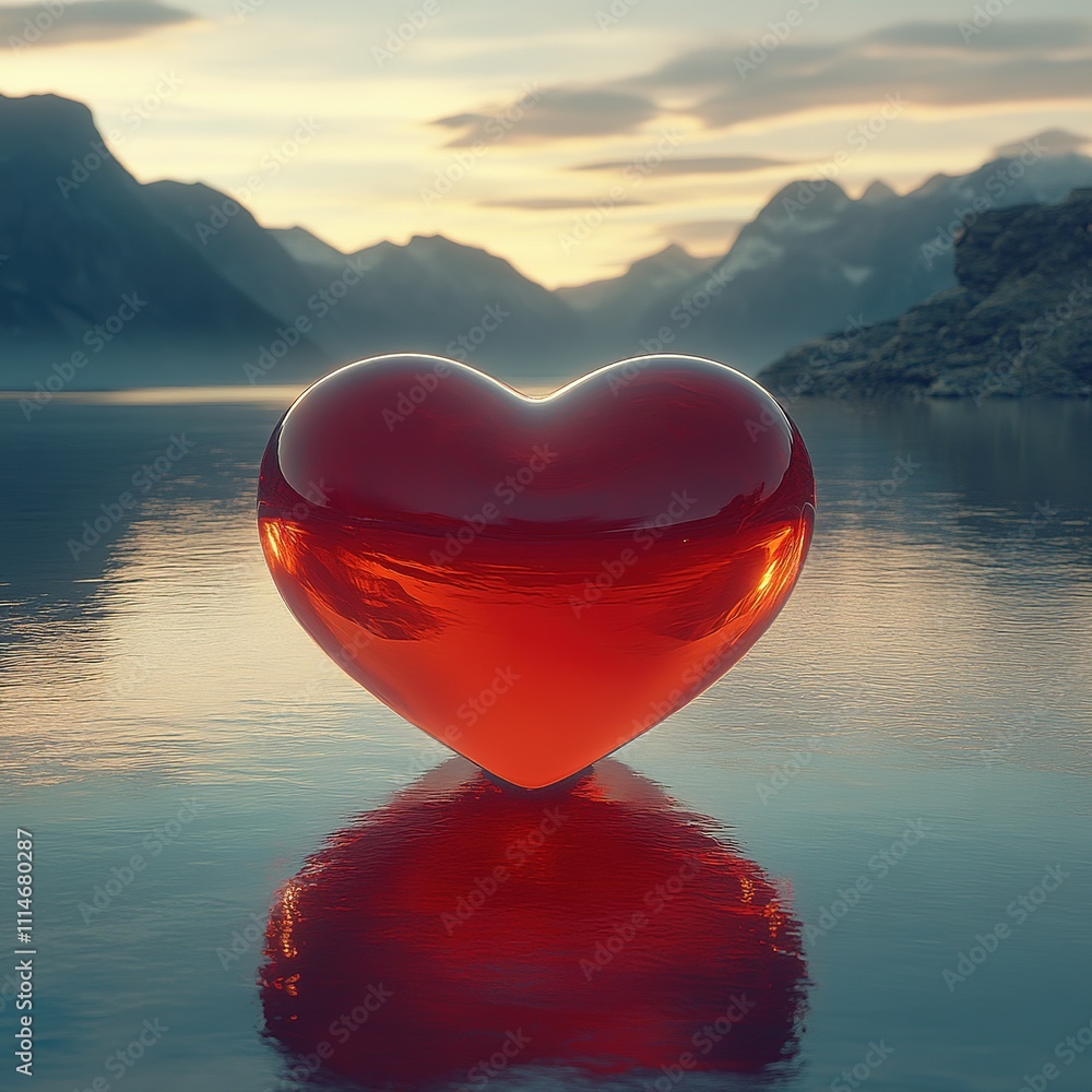 Fototapeta premium Heart-shaped reflection on serene lake at dusk nature photography calm environment romantic concept
