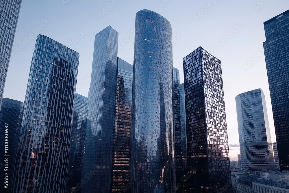 Fototapeta premium A city skyline with tall buildings and a clear blue sky