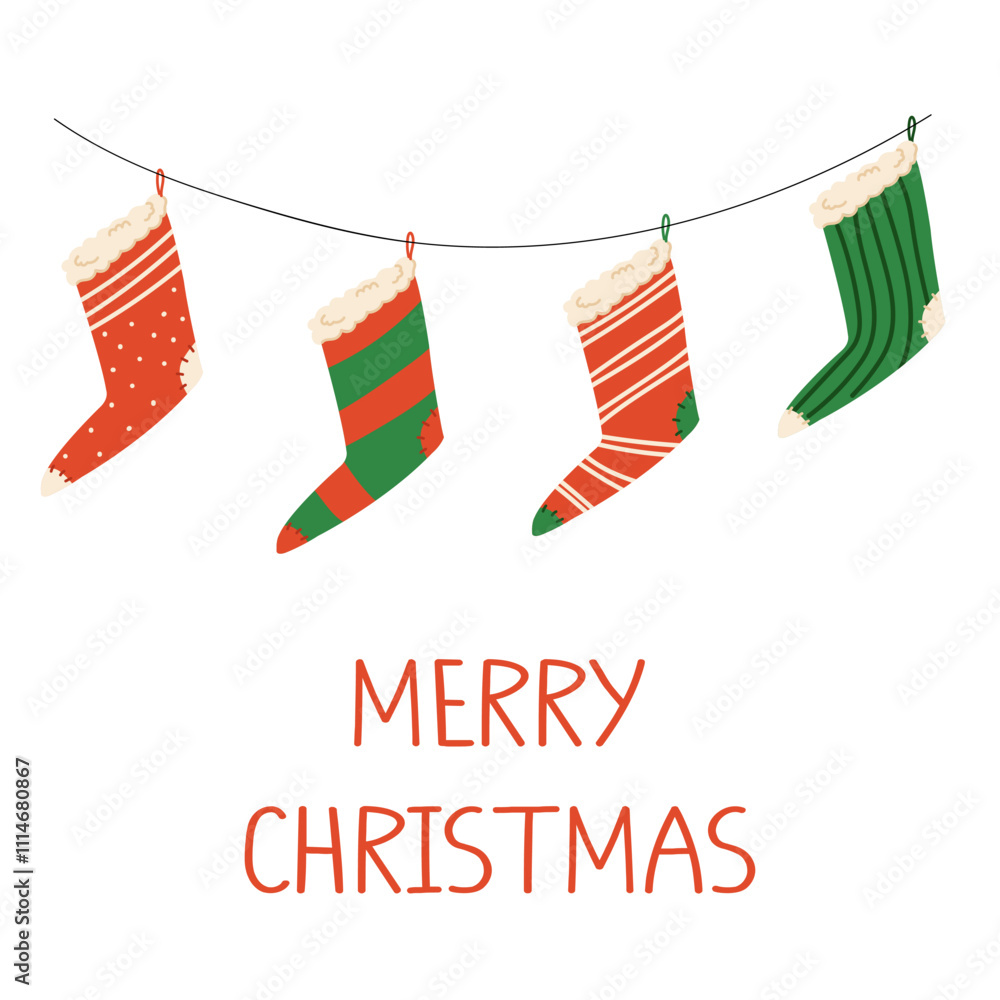 Obraz premium A simple Christmas card. Colorful hanging stockings and text.