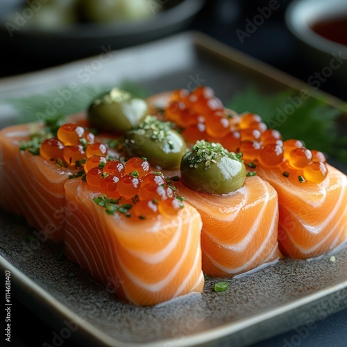 A luxury airline appetizer trio featuring smoked salmon rolls, a dollop of caviar, and stuffed green olives artfully plated photo