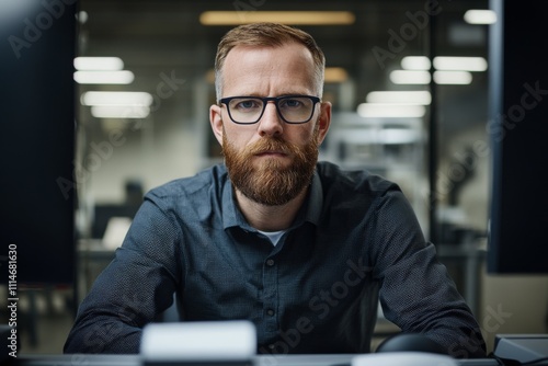 A determined professional sits in an office environment with focused expression, reflecting concentration, dedication, and a serious approach to work. photo