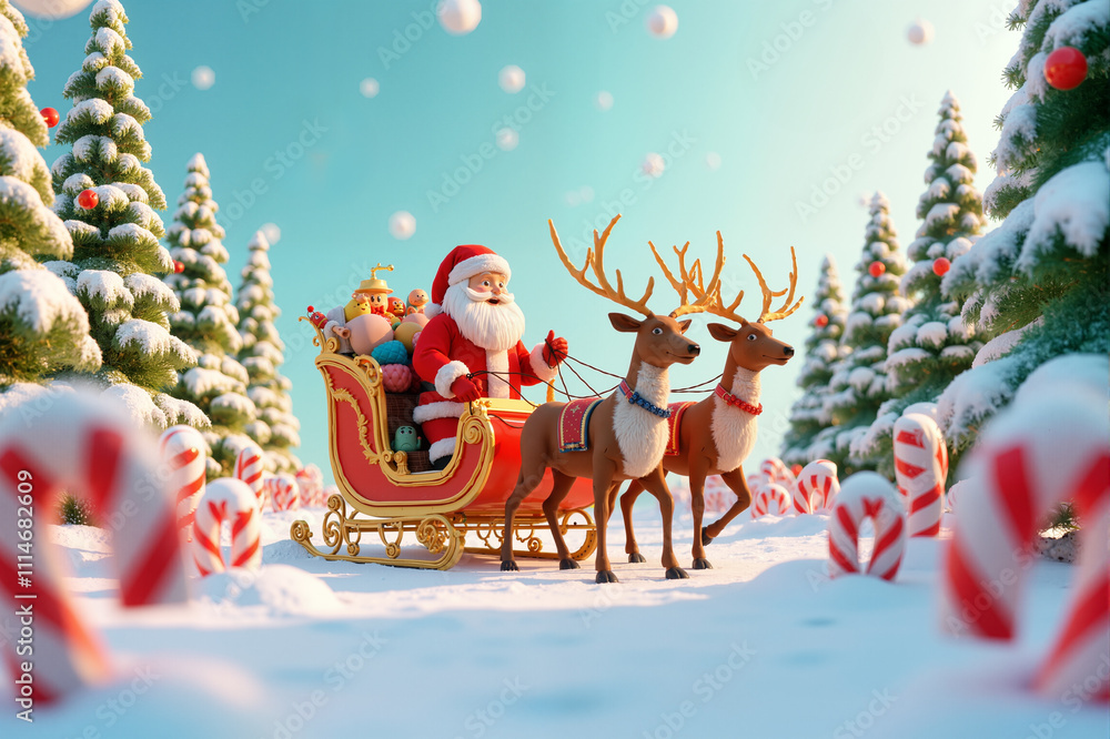 Santa Claus riding a red and gold sleigh pulled by two reindeer ...