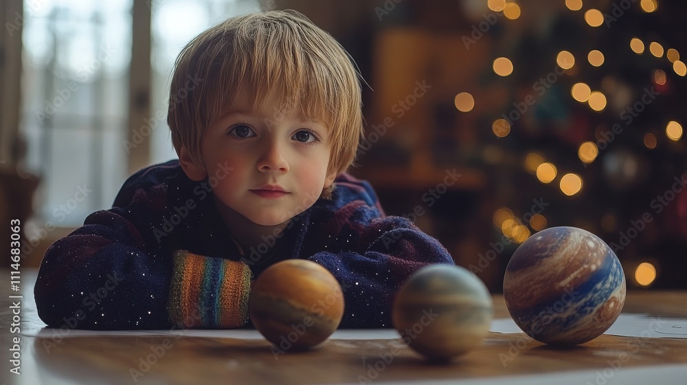 Fototapeta premium A young boy with blonde hair gazes intently at miniature planets. The warm lighting and soft focus create a cozy, magical atmosphere.