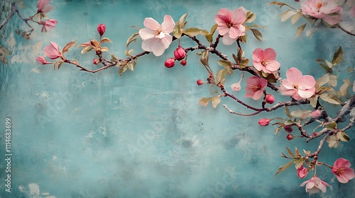 Delicate pink blossoms on a branch against a teal backdrop.  A tranquil spring scene.
