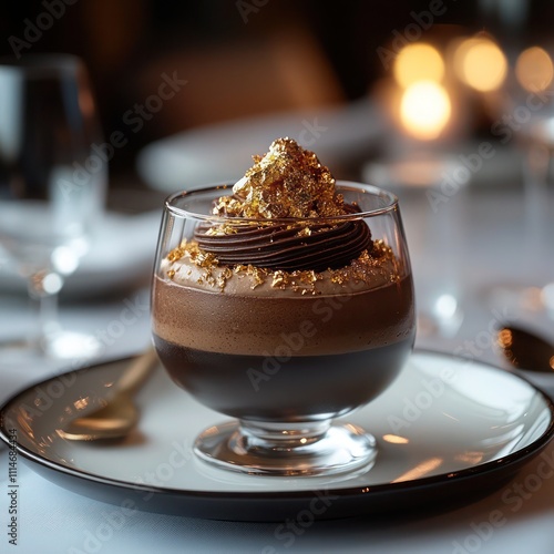 dark chocolate mousse with edible gold flakes served in a small glass bowl photo