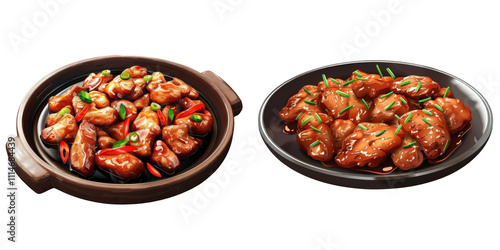 3d render sizzling plate of teriyaki chicken isolated on transparent background Cartoon Illustration in plastic style