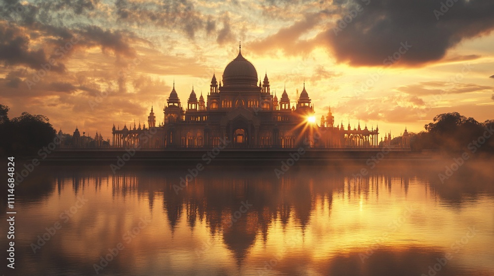 Obraz premium Majestic sunrise silhouette of a palace reflected in calm water.