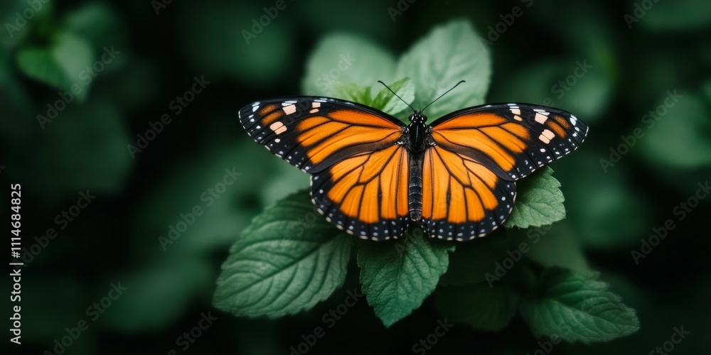 Obraz premium A vivid shot of a monarch butterfly displaying its striking orange and black wings as it rests peacefully on a cluster of fresh green leaves in a garden setting.