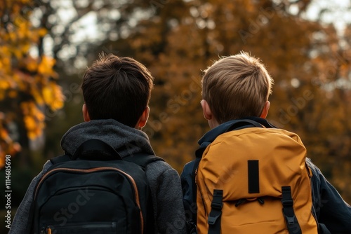 Wallpaper Mural A contemplative moment of two boys with backpacks facing away, standing amidst a forest in autumn, surrounded by fallen leaves, signifying friendship and exploration. Torontodigital.ca