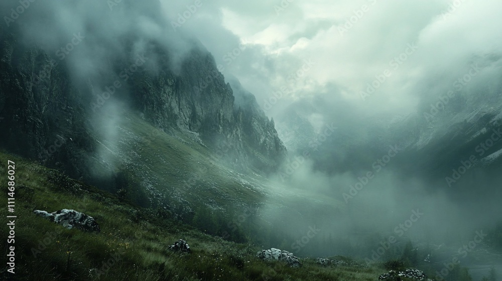 Fototapeta premium Misty mountain valley with low clouds and green slopes.