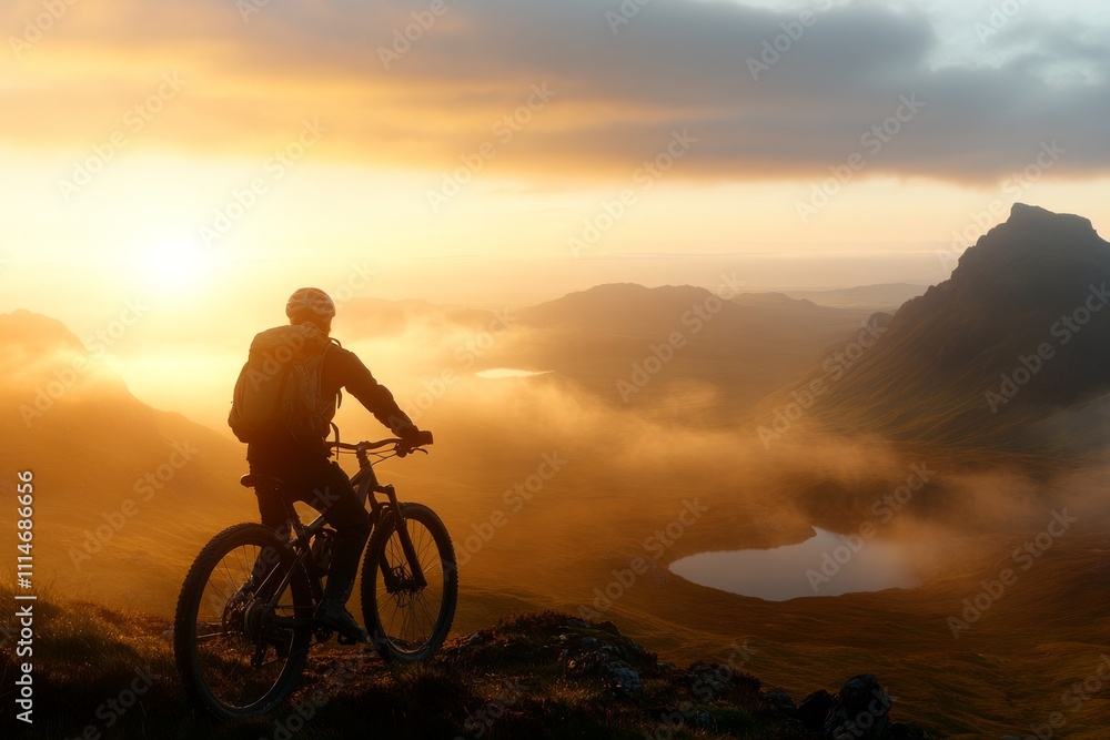 Obraz premium A lone cyclist pauses at the top of a hill, gazing over a breathtaking sunset and vibrant landscape, embodying reflection, adventure, and serenity.