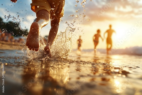 A child's foot splashes through shallow beach water with other kids running in the background, illuminated by warm, golden sunlight—a depiction of carefree joy.
