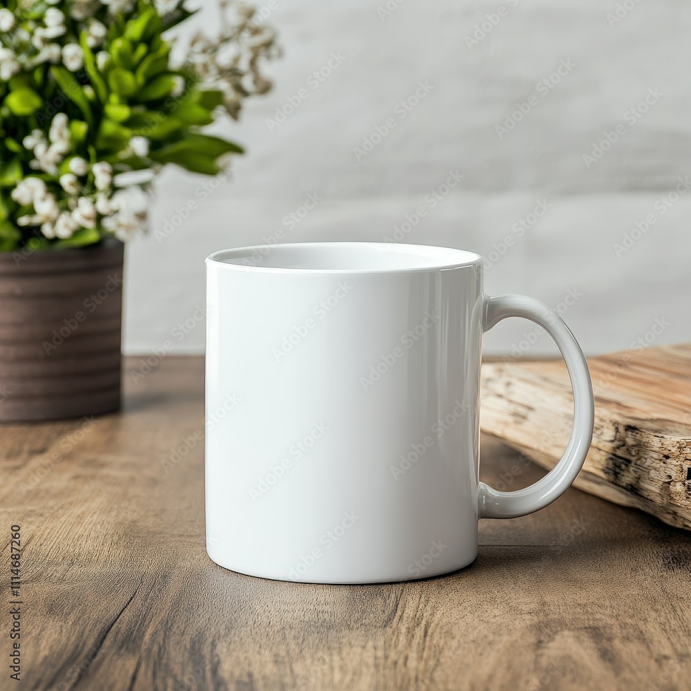 Obraz premium Ceramic mug on wooden table beside a potted plant with small flowers in a cozy indoor setting