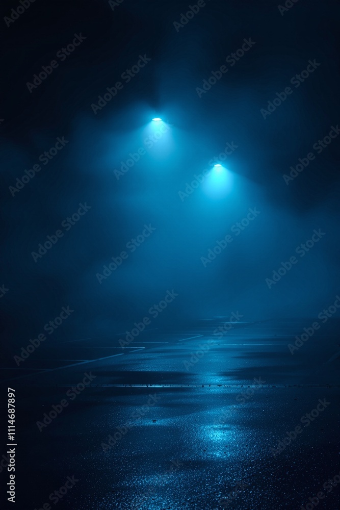 Fototapeta premium Mysterious Foggy Night with Blue Street Lights Reflecting on Wet Pavement