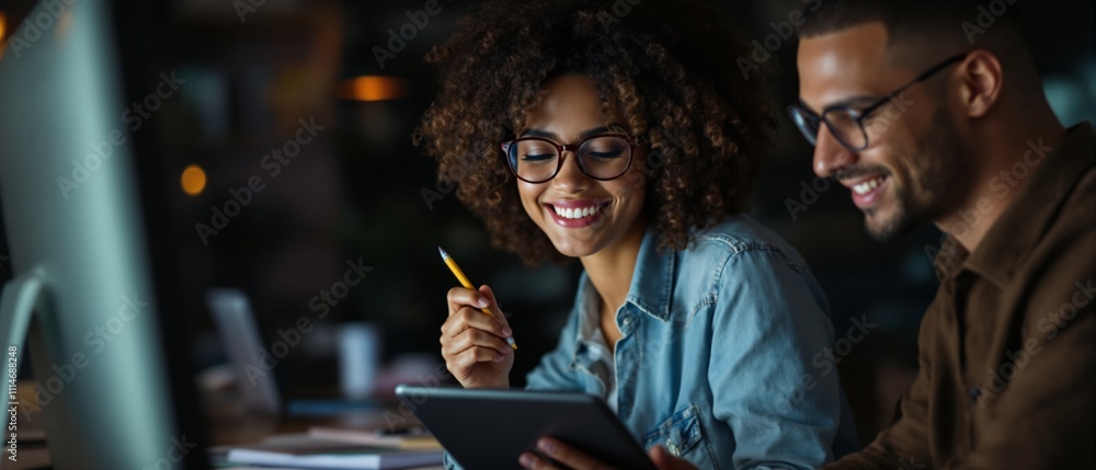 Fototapeta premium Young Diverse Professionals Collaborating Over a Tablet in a Stylish Office Environment