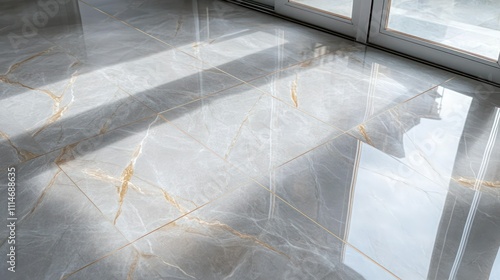 Light gray marble floor with soft golden veins, captured from a wide angle to reveal its refined finish.