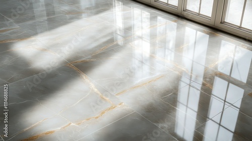 Light gray marble floor with soft golden veins, captured from a wide angle to reveal its refined finish. photo