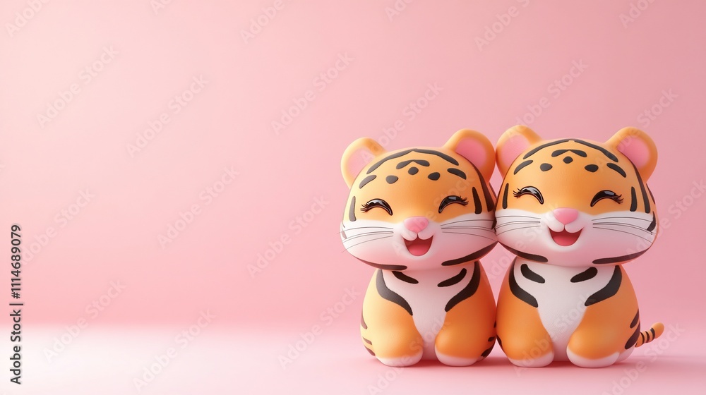 Obraz premium Two adorable cartoon tiger cubs sitting close together on a soft pink background.