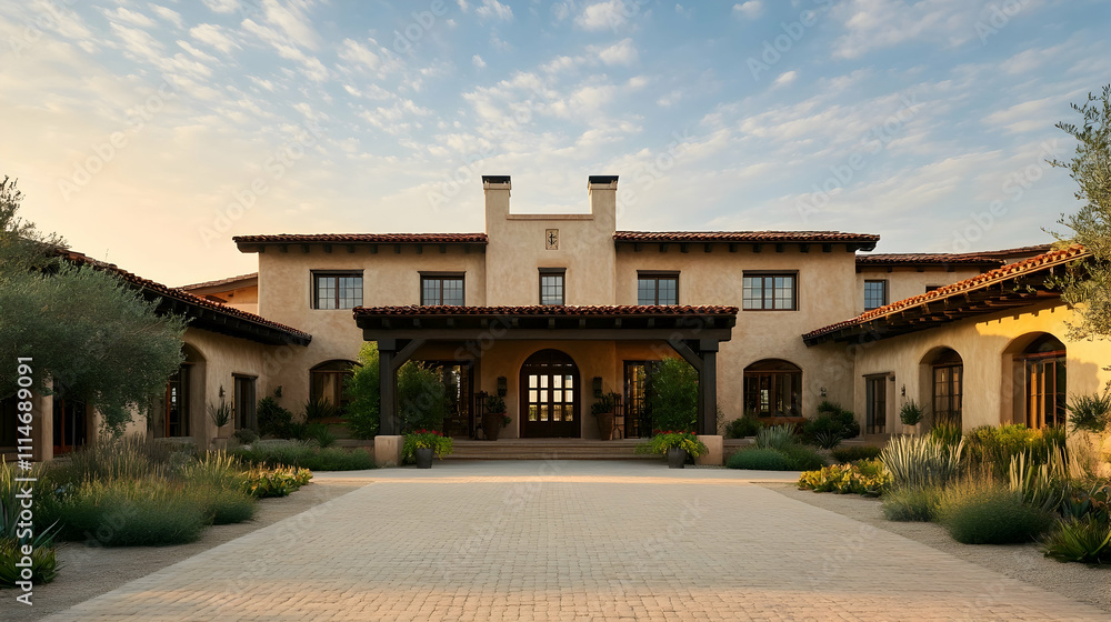 Obraz premium Adobe Pueblo Revival with Traditional Vigas and Mountain Views, Santa Fe Desert Estate Architecture