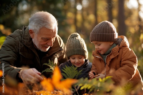 A grandfather joyfully explores a forest with his two grandchildren, dressed warmly for autumn, experiencing love, learning, and wonder in nature's company. photo