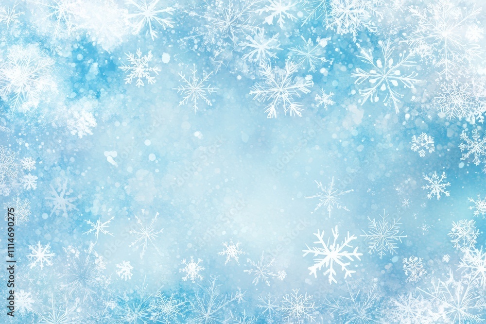 A whimsical winter-themed background showcases hand-drawn snowflakes in diverse shapes and sizes against a soft blue backdrop. Generative AI A whimsical winter-themed background showcases hand-drawn snowflakes in diverse shapes and sizes against a soft blue backdrop. Generative AI
