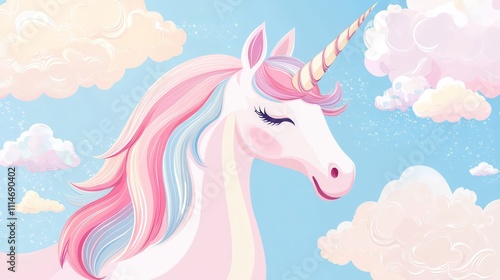 Unicorn with pastel mane and clouds, perfect for kidsa?? t-shirt prints or creative projects photo