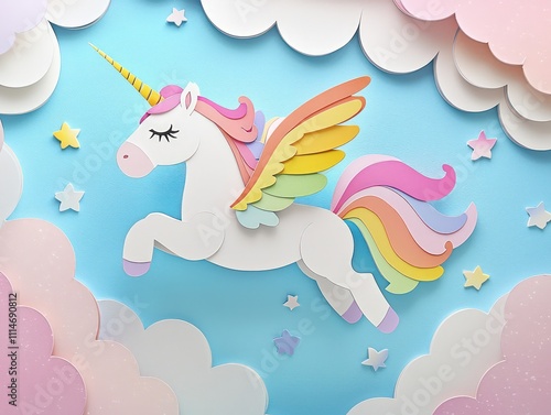 Unicorn with rainbow mane flying through clouds, perfect for childrena??s creative designs photo