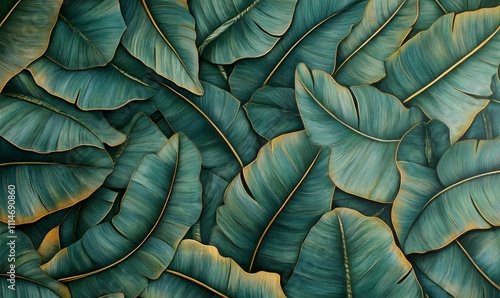 Wallpaper Mural Tropical banana leaf pattern background with vibrant greens and gold accents. Torontodigital.ca