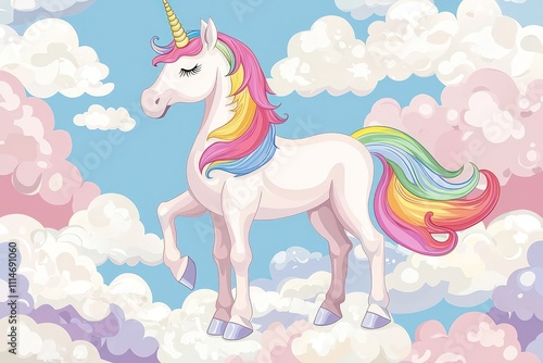 Unicorn with rainbow mane standing on clouds, perfect for childrena??s wallpaper and textiles