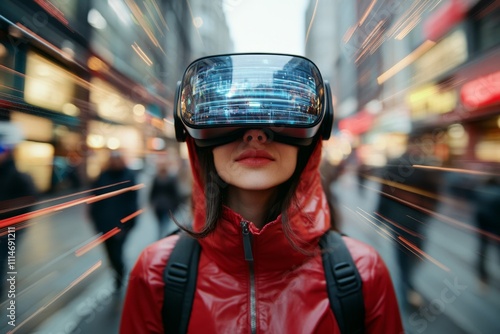 A woman wearing a high-tech VR headset in a bustling urban environment, symbolizing the fusion of technology and reality and the future of digital exploration. photo