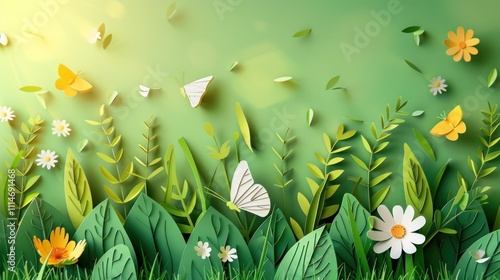 Lush green nature foliage background with colorful flowers leaves and flying butterflies  Ideal for eco friendly design product packaging advertising and webprint layouts photo