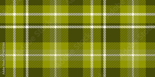 Seamless pattern in shades of green and white color, featuring a classic plaid design with intersecting lines and squares that form a traditional tartan look.
