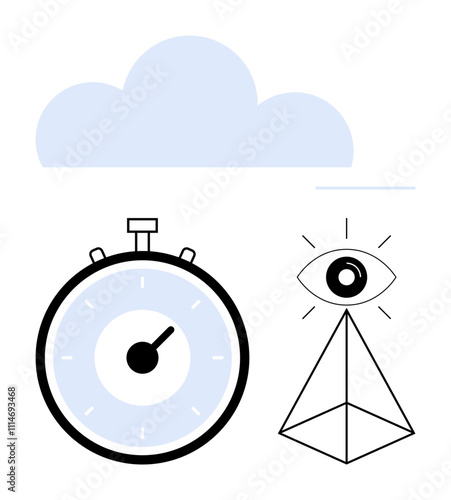 Stopwatch cloud and pyramid with eye. Ideal for concepts of time, vision, clarity, minimalism, futurism, symbolism, and mindfulness. Line metaphor