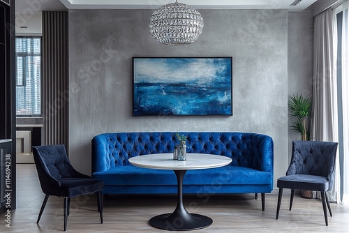 Modern-style interior design of the apartment, with a kitchen-living room featuring a white table and a blue velvet sofa in a booth shape with black legs, and two dark navy chairs around it. A silver  photo