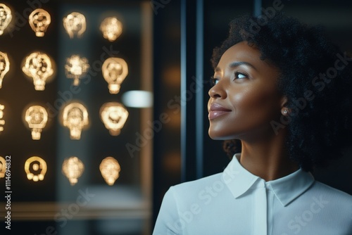 A woman stands admiringly before a wall adorned with glowing light bulb symbols, representing creativity, innovation, and inspiration in a modern setting. photo