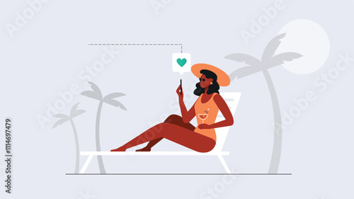 Umbrella and sun lounger on the beach and a palm tree