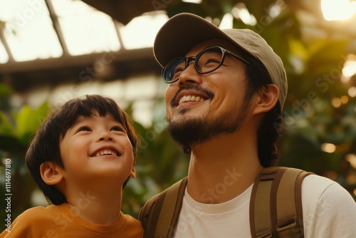 A father and son share a joyful moment under sunlight in a lush green forest, conveying a deep sense of familial bond and happiness amidst nature's beauty. photo