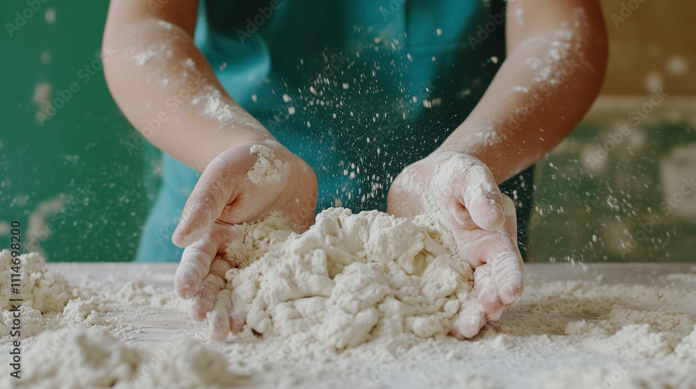 Fototapeta premium hands expertly kneading dough on a floured surface.