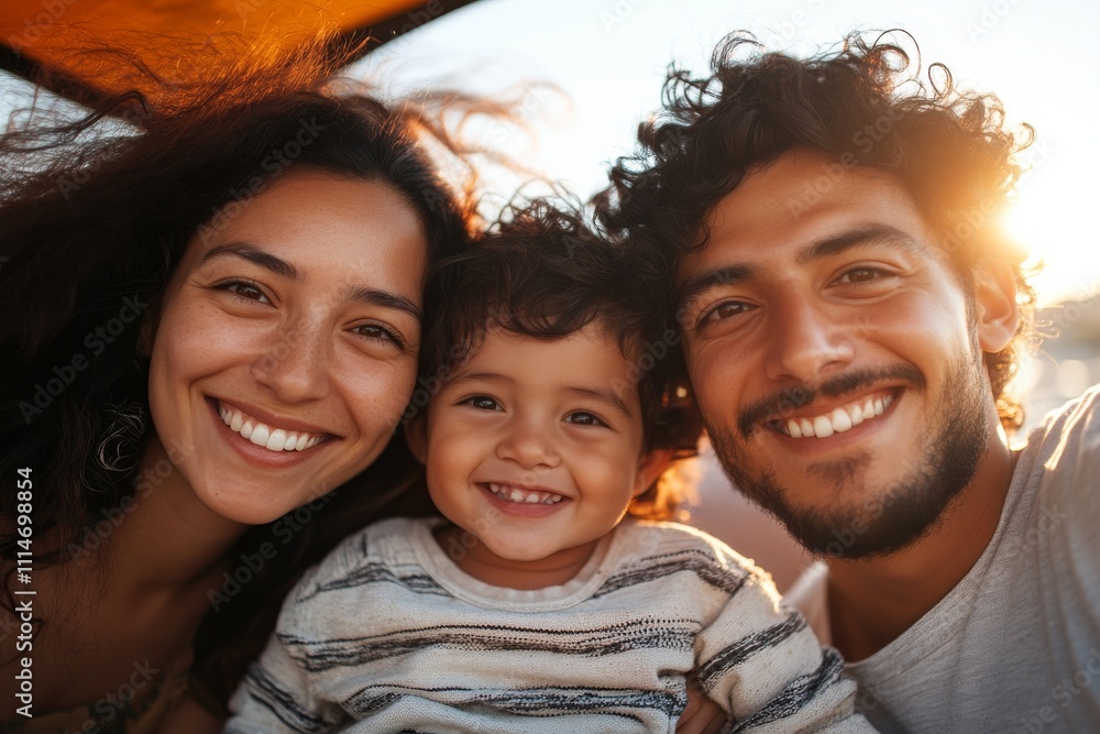 Fototapeta premium A joyful family poses for a picture under a colorful sky at sunset, capturing the love, unity, and happiness shared among them in a serene outdoor setting.