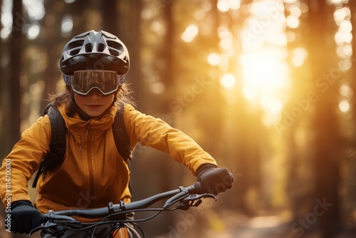 A cyclist in full gear rides through a sunlit forest trail, capturing the essence of adventure, focus, and determination in the exhilarating morning ambiance. photo