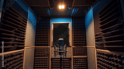 Professional recording studio vocal booth with microphone and soundproof walls. photo