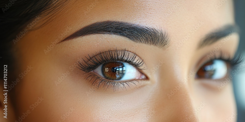 Fototapeta premium Captivating close-up of expressive brown eyes reflecting light and beauty with perfectly groomed eyebrows