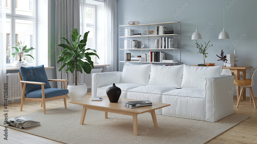Fototapeta premium Modern interior design featuring a minimalist living room with a white fabric sofa, green plants, and wooden furniture in a bright space