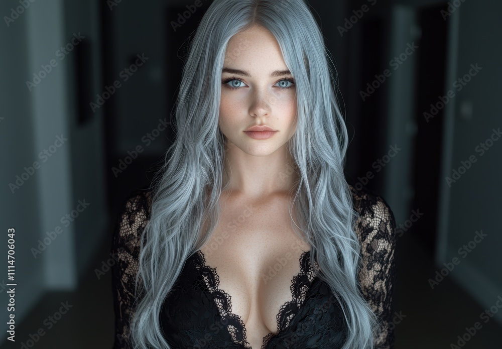 Fototapeta premium Alluring woman with silver hair and piercing blue eyes