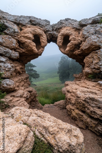 Mysterious rock archway in misty landscape photo