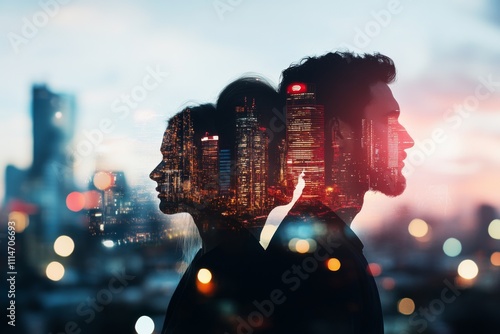 Silhouettes of a couple facing away from each other, with the city skyline looming behind them. The artistic blend explores connection and disconnection in urban life.
