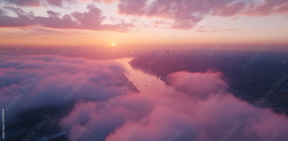 Obraz premium Serene sunset over a city shrouded in pink clouds. A breathtaking view of nature's artistry.