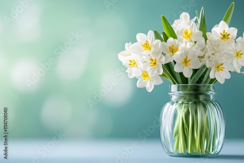 Wallpaper Mural glass transparent vase with a delicate bouquet of daffodils on a blurred light background, concept of spring, tenderness, freshness and youth, postcard for spring holidays, banner with space for text Torontodigital.ca