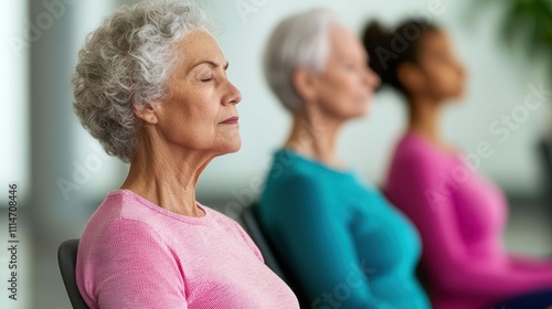 Senior exercises by gentle movement, A seated stretching routine designed for seniors, with focus on posture and relaxation. photo