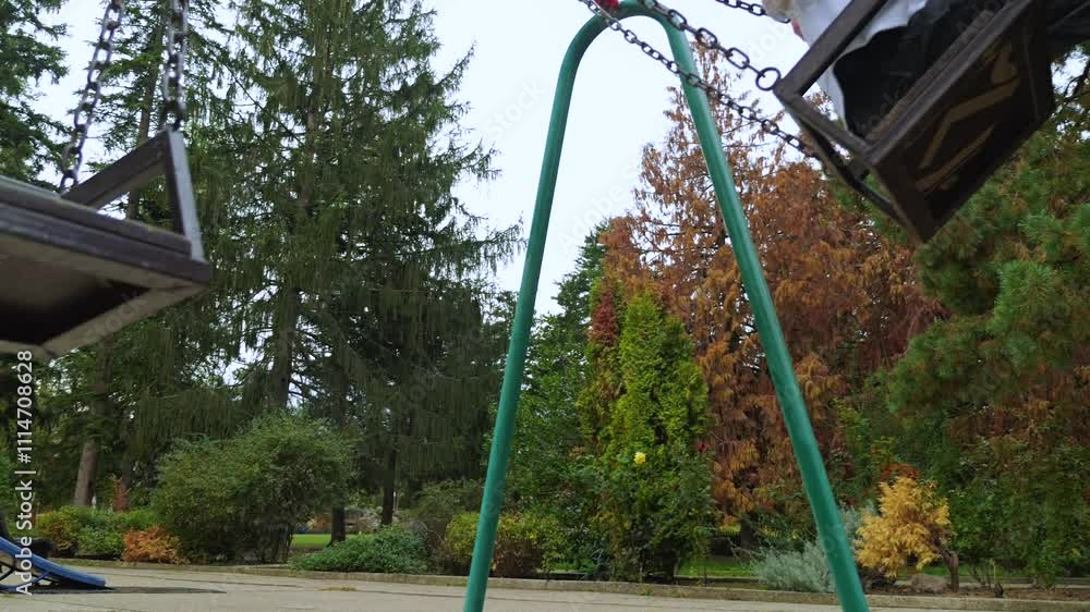 A school-age girl in a white sweatshirt and dark pants is riding on a swing in a park. In the background there are green trees, bushes, autumn leaves and a paved path. Slow motion A school-age girl in a white sweatshirt and dark pants is riding on a swing in a park. In the background there are green trees, bushes, autumn leaves and a paved path. Slow motion
